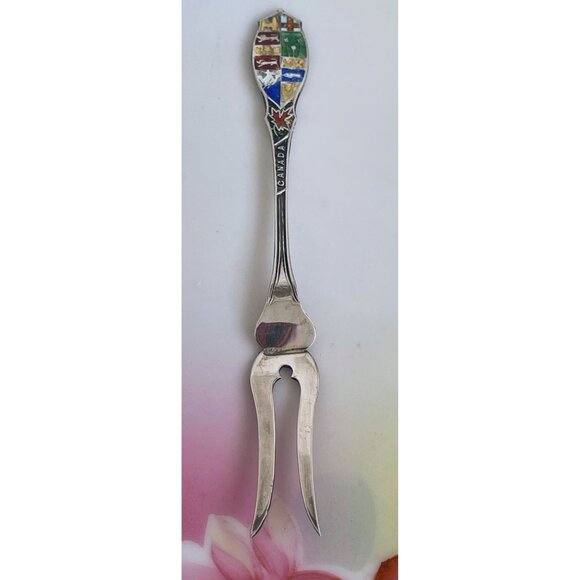 Vintage Canadian Souvenir Sterling Cocktail pickle Fork Enamel